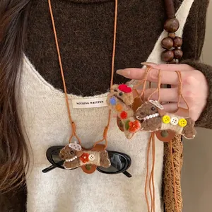 Collier Clip Lunettes en Cuir Chiot pour Femmes Mignon Chien Flocage Perle Artificielle Floral Longue Chaîne de Pull Bijoux
