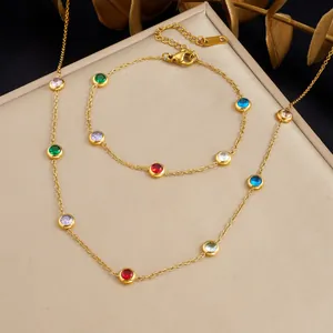 Damen Mehrfarbig Edelstahl Schmuckset Strass Eingelegt Gold Halskette Armband 2-Teiliges Set Mode Accessoire