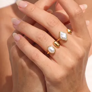 Minimalist Edelstahl Offener Ring Für Damen 18K Vergoldet Eingelegte Künstliche Perle Oval Rhombus Geometrischer Schmuck Fingerring
