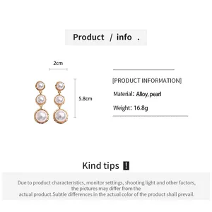 Detailed product info for triple pearl drop earrings showing 5.8cm height and alloy material