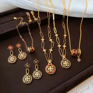 Vintage Kupfer Zirkonia Blume Schmuckset Für Damen Leichter Luxus Vergoldet Emaille Ohrringe Halskette Armband Bankett Party Zubehör