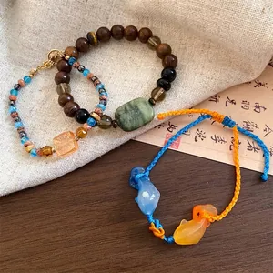 Handgemaakte Chinese stijl houten kralen en doorschijnende koi vissen bedelarmband set voor dames