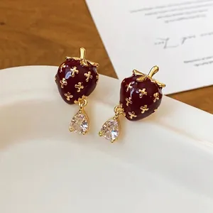 Vintage burgundy strawberry enamel earrings with pear-shaped zircon drop studs