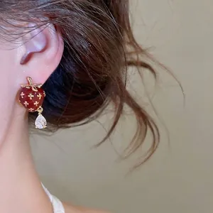Vintage red enamel strawberry stud earrings with sparkling pear-cut zircon drop for women