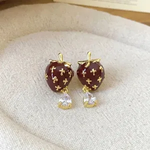 Vintage red strawberry enamel stud earrings with sparkling teardrop zircon dangle accents