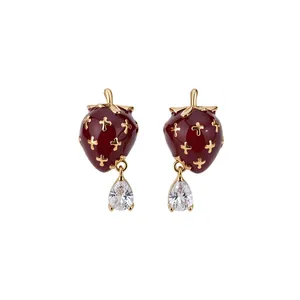 Vintage red enamel strawberry stud earrings with sparkling pear-shaped zircon drops