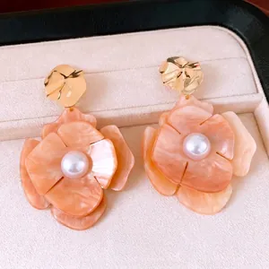 Niche Design Acrylic Flower Stud Earrings with 925 Sterling Silver Earring Post Artificial Pearl Copper Jewelry for Women