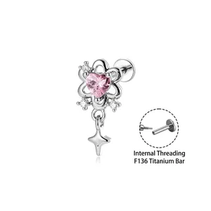 Eleganter Vintage-Knorpelstecker aus Titan mit rosa Herzstein und Stern-Anhänger