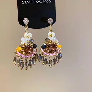 Bohemian Vintage Alloy Glass Crystal Flower Dangle Stud Earrings 925 Sterling Silver Post Rhinestone Jewelry For Women Party