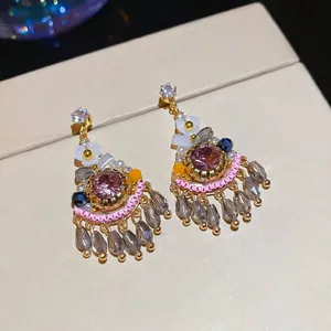 Exquisite vintage Bohemian crystal pendant stud earrings with sparkling diamond accents
