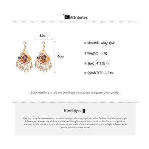 Detailed specs for bohemian crystal drop earrings featuring dimensions and material