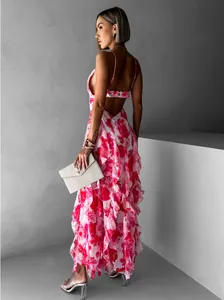 Elegant floral organza maxi evening dress with a backless ruffled design for parties