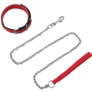 Robustes Hundehalsband und Kettenleinen-Set mit bequemem rotem Schaumstoffgriff für Hunde