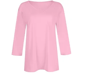 Detailed view of the soft pink V-neck T-shirt showing 3/4 sleeves and clean fabric texture.