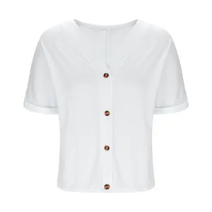 Detail of a casual white V-neck short sleeve T-shirt with tortoise shell buttons.