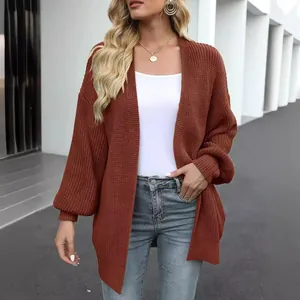 Oversized grofgebreid vest voor dames met lantaarnmouwen in roestbruin
