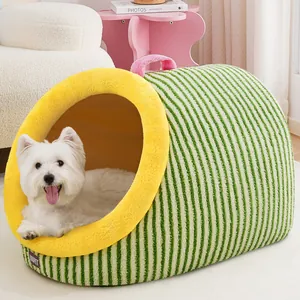 Casetta per Animali Domestici Invernale Chiusa Letto Caldo per Cani Gatti Tenda Peluche a Righe per Cuccioli Grotta Interna con Maniglia Morbido Nido per Dormire