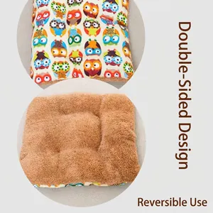 Double-sided reversible pet cushion with colorful owl pattern and soft brown fleece