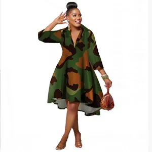 Stylish camouflage print high-low dress featuring deep V-neckline and long sleeves