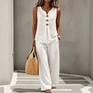 Elegant white summer two-piece linen set with V-neck button vest and wide-leg pants