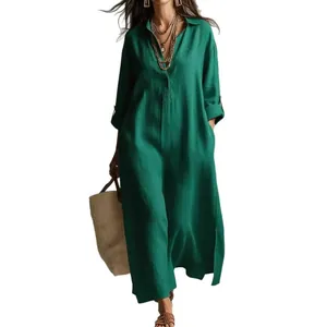 Elegant emerald green cotton linen long shirt dress with lapel and long sleeves.
