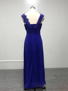Back view of elegant royal blue lace evening gown with ruched waist and floor-length hem