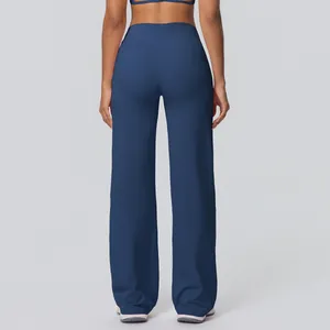 Back view of high-waisted navy blue wide-leg yoga pants with soft brushed texture
