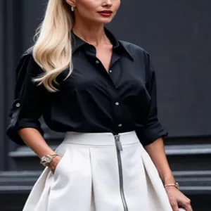 Elegant black long-sleeved button-down shirt for women office commute style