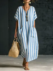 Stylish bohemian loose V-neck blue and white striped maxi dress with side pockets