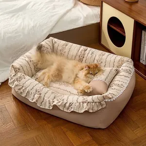 Vintage floral ruffled pet sofa bed with soft pillow for cozy cat and dog sleep