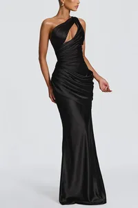Elegant black satin one-shoulder dress with cut-out detail and mermaid silhouette style