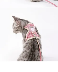 Close-up view of a cat wearing a pink plaid cotton harness with a cartoon patch.