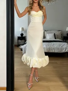 Elegant ivory off-shoulder midi dress with ruffled hem for formal evening parties.