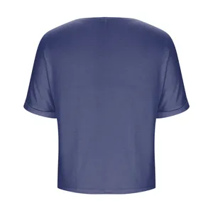 Back view of a loose navy blue short-sleeve T-shirt for women in soft cotton fabric