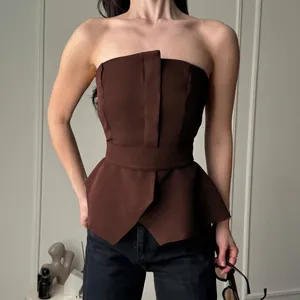 Elegant dark brown strapless peplum corset top with matching waist belt for women