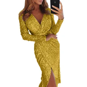 Elegant gold sequined long sleeve V-neck evening dress for women party cocktail wear.