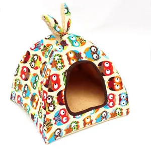 Cozy colorful owl-patterned yurt pet bed for cats and small dogs in soft warm plush fabric