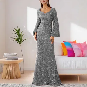 Elegant silver V-neck sequined evening gown featuring flare sleeves and a floor-length design.