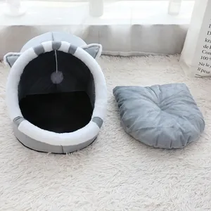 All-season warm cartoon cat bed with a removable plush cushion in grey and white tones