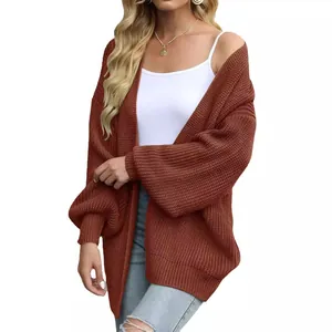 Roestrode grofgebreide cardigan met lantaarnmouwen en casual losse herfst pasvorm