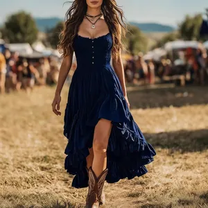 Vestido largo bohemio azul marino con volantes para festivales y vacaciones