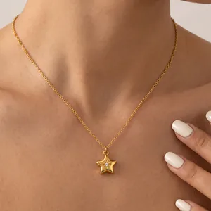 Damen Mode Stern Muster Edelstahl Halskette 18K Vergoldet Eingelegter Strass Minimalistische Anhänger Kette Schmuck