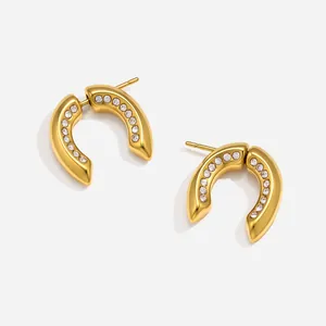 Orecchini A Lobo Rimovibili Fronte E Retro A Forma Di U In Acciaio Inossidabile Di Lusso Per Donna Gioielli A Cerchio Con Strass Placcati In Oro