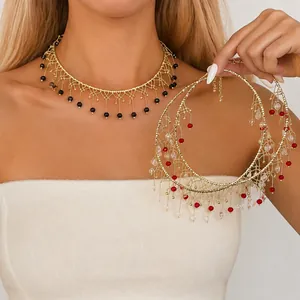 Vintage Geometrisch Glas Perlen Quaste Choker Halskette Für Damen Vergoldete Fransen Kragen Halskette Statement Schmuck