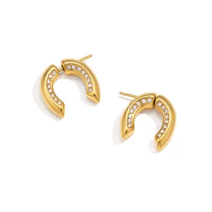 Eleganti orecchini a lobo a forma di U in acciaio inossidabile dorato con strass di cristallo