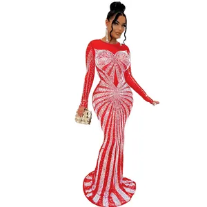 Elegant red floor-length evening dress with shimmering white rhinestone patterns