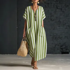 Women's Casual V-Neck Vertical Striped Printed Long Dress Loose Fit Short Sleeve Summer Maxi Beach Dress