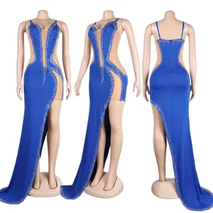 Detail views of royal blue rhinestone evening gown with mesh panels and high slit.