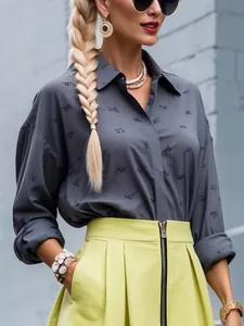 Stylish women's grey patterned long sleeve shirt with lapel collar for chic commute