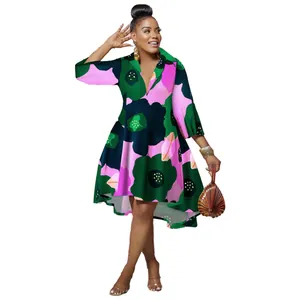 Full-length view of a colorful floral deep V-neck lapel dress on a white background